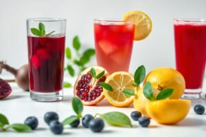 Colorful glasses of beet juice, hibiscus tea, lemon water, and pomegranate juice representing the best drinks to lower blood pressure naturally.