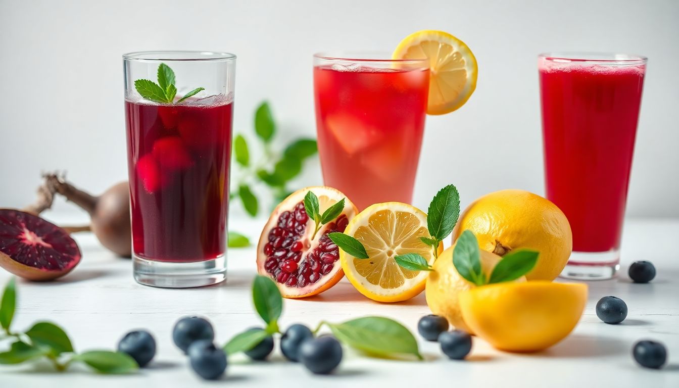 Colorful glasses of beet juice, hibiscus tea, lemon water, and pomegranate juice representing the best drinks to lower blood pressure naturally.