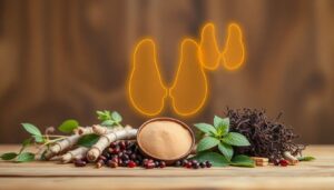 Assortment of herbs including Ashwagandha, Schisandra, Holy Basil, and kelp with a glowing thyroid illustration in the background.
