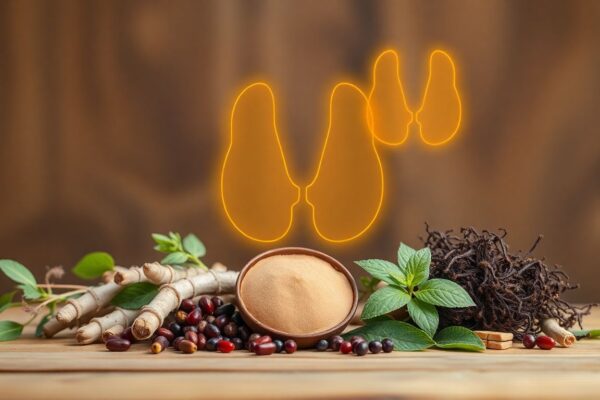 🌿 Best Natural Herbs for Thyroid Health (Backed by Science) Assortment of herbs including Ashwagandha, Schisandra, Holy Basil, and kelp with a glowing thyroid illustration in the background.