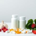 Natural supplements, garlic, and hibiscus arranged beside a heart rate line symbolizing natural ways to lower blood pressure.