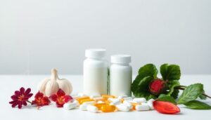 Natural supplements, garlic, and hibiscus arranged beside a heart rate line symbolizing natural ways to lower blood pressure.