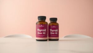 Thyroid supplement bottles displayed with a glowing thyroid illustration, representing the best thyroid supplements for women over 40.