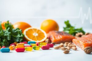 Assorted vitamin capsules and fresh heart-healthy foods representing the best vitamins for heart and blood pressure health.