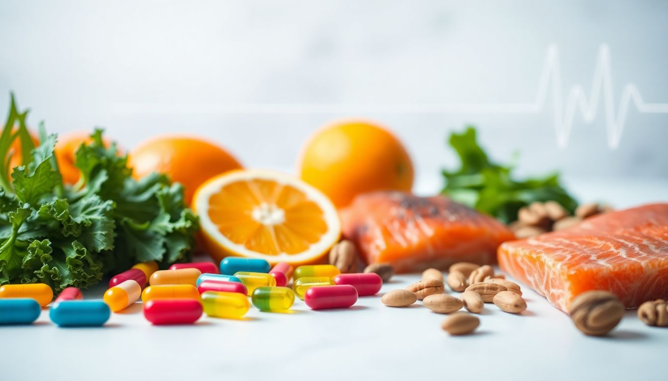 Assorted vitamin capsules and fresh heart-healthy foods representing the best vitamins for heart and blood pressure health.