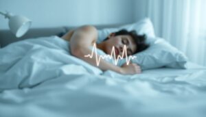 Peaceful person sleeping with a faint heart rate line in the background, symbolizing the connection between sleep quality and healthy blood pressure.