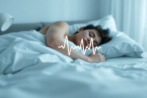 Peaceful person sleeping with a faint heart rate line in the background, symbolizing the connection between sleep quality and healthy blood pressure.