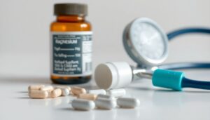 Natural supplements and prescription medication on a white table beside a stethoscope, symbolizing safe combination for blood pressure health.