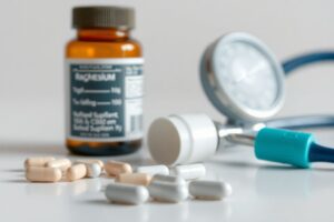 Natural supplements and prescription medication on a white table beside a stethoscope, symbolizing safe combination for blood pressure health.