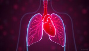 Diagram showing how oxygen moves from lungs into bloodstream through capillaries and red blood cells.