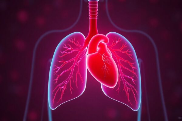 Diagram showing how oxygen moves from lungs into bloodstream through capillaries and red blood cells.