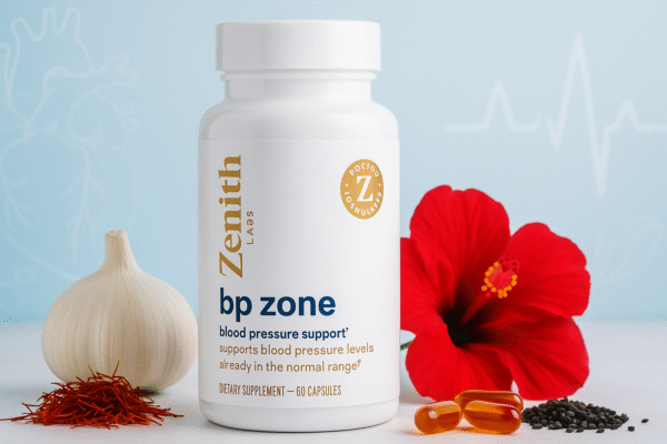 BP Zone supplement bottle surrounded by saffron, garlic, and hibiscus ingredients with a heart health and blood pressure concept background.