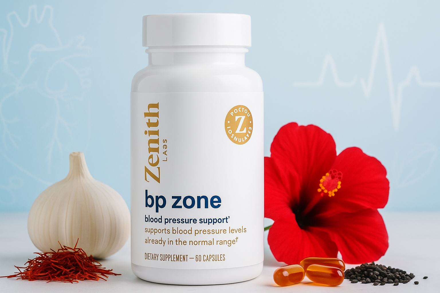 BP Zone supplement bottle surrounded by saffron, garlic, and hibiscus ingredients with a heart health and blood pressure concept background.