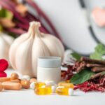 Assorted natural supplements and heart-healthy ingredients like hibiscus, garlic, and saffron representing how supplements can lower blood pressure naturally.