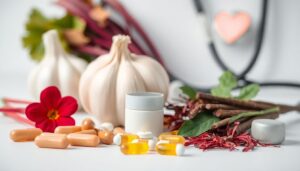 Assorted natural supplements and heart-healthy ingredients like hibiscus, garlic, and saffron representing how supplements can lower blood pressure naturally.