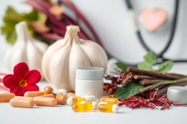 Assorted natural supplements and heart-healthy ingredients like hibiscus, garlic, and saffron representing how supplements can lower blood pressure naturally.
