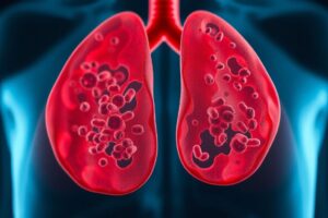 Lung Inflammation: Is Your Immune System Accidentally Attacking Your Lungs? Scientific diagram comparing healthy lung tissue to inflamed lung tissue, showing immune cell activity and bronchial constriction.