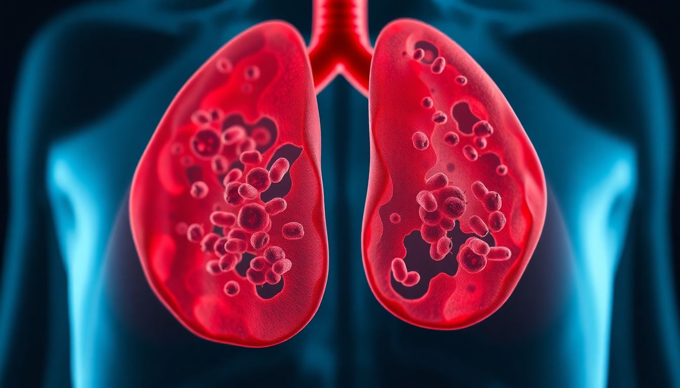 Scientific diagram comparing healthy lung tissue to inflamed lung tissue, showing immune cell activity and bronchial constriction.
