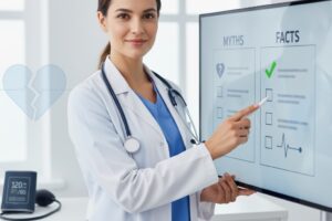 ❌ 7 Common Myths About High Blood Pressure (And the Truth Behind Them) A doctor holding a checklist comparing myths and facts about high blood pressure, symbolizing clarity and health awareness.