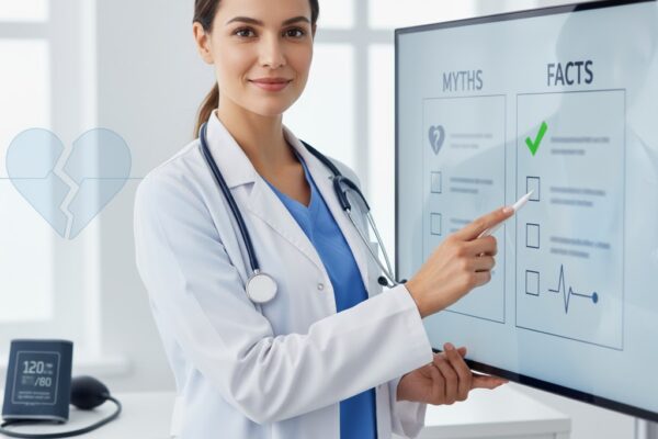 ❌ 7 Common Myths About High Blood Pressure (And the Truth Behind Them) A doctor holding a checklist comparing myths and facts about high blood pressure, symbolizing clarity and health awareness.
