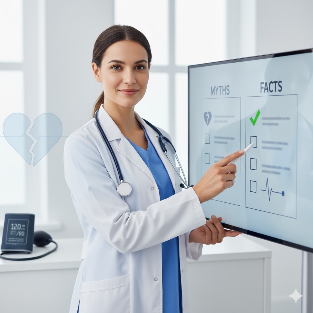 A doctor holding a checklist comparing myths and facts about high blood pressure, symbolizing clarity and health awareness.
