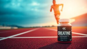 Sprinter running fast with creatine supplement jar on track background