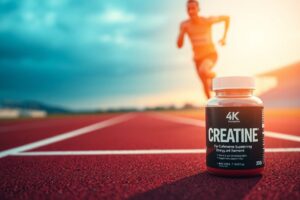 Sprinter running fast with creatine supplement jar on track background