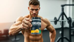 Athlete with creatine supplement powder and weights symbolizing strength and health benefits