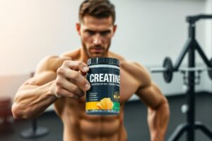 Athlete with creatine supplement powder and weights symbolizing strength and health benefits