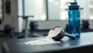 Creatine supplement powder on gym bench with water bottle and fitness equipment