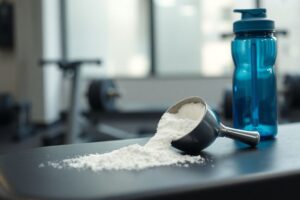 Creatine supplement powder on gym bench with water bottle and fitness equipment
