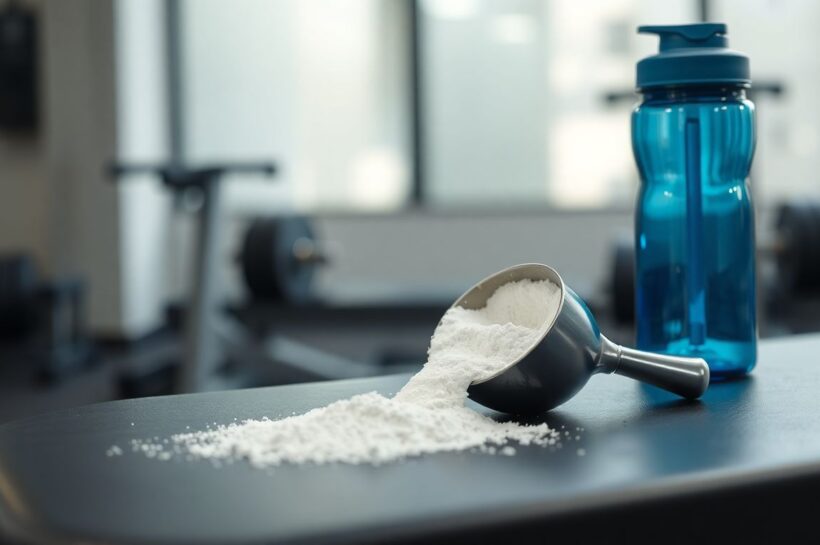 Creatine supplement powder on gym bench with water bottle and fitness equipment