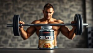 Muscular athlete lifting weights with creatine supplement
