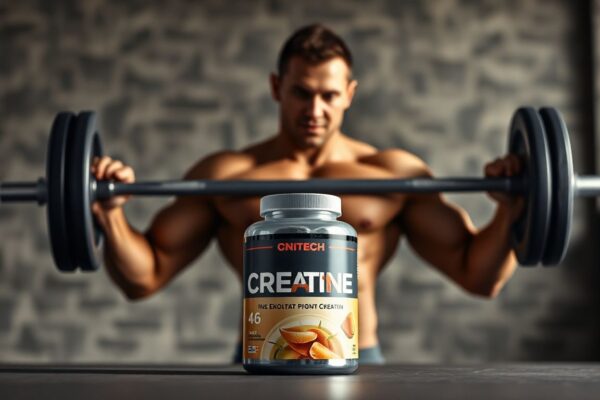 Muscular athlete lifting weights with creatine supplement