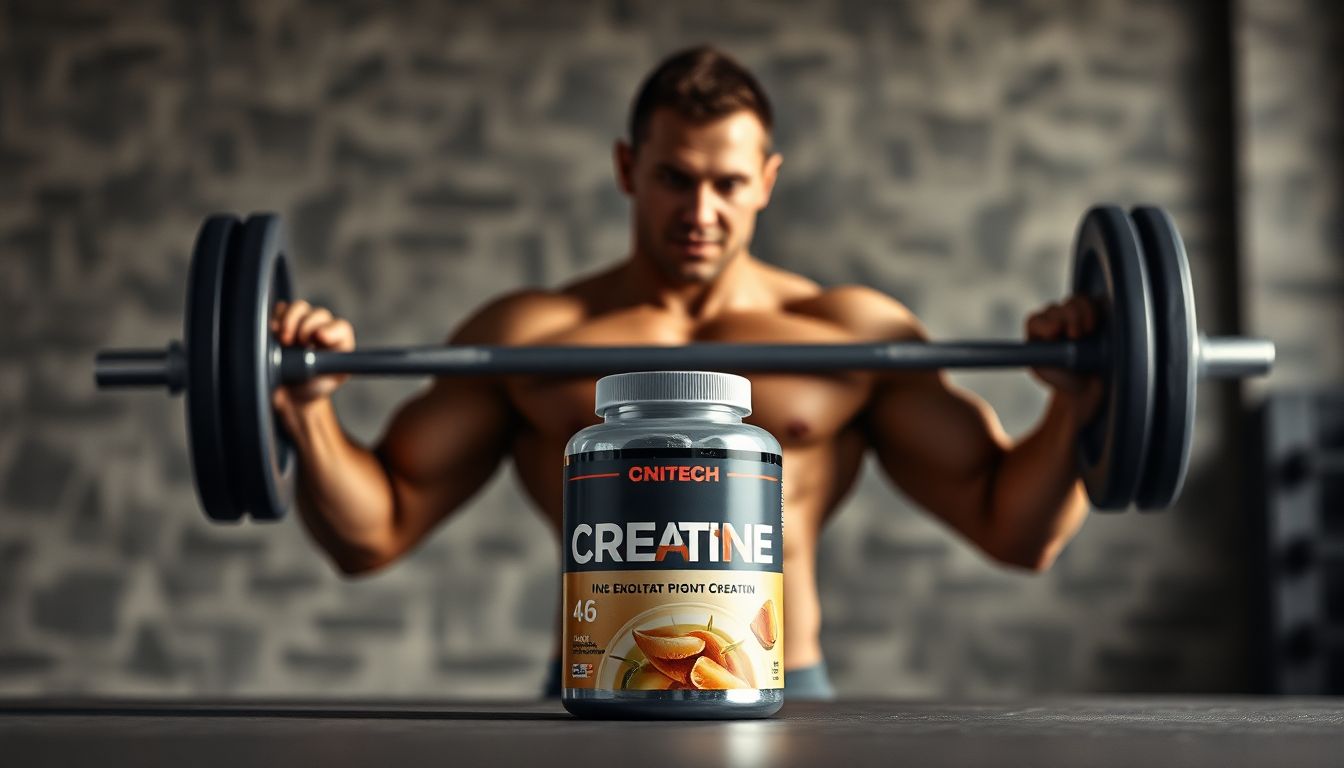 Muscular athlete lifting weights with creatine supplement