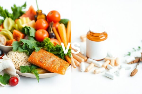 A visual comparison of the DASH diet and blood pressure supplements, showing healthy foods on one side and natural supplement capsules with garlic and hibiscus on the other.
