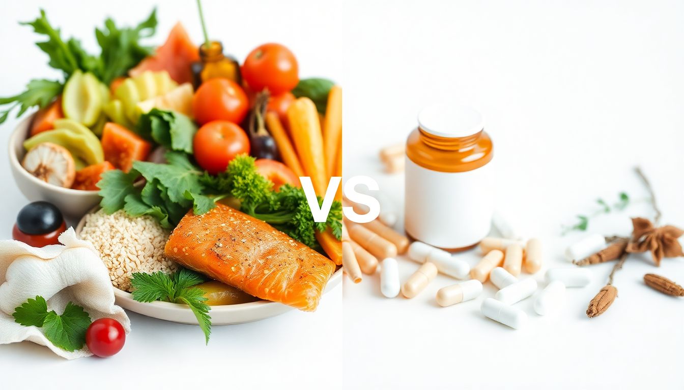 A visual comparison of the DASH diet and blood pressure supplements, showing healthy foods on one side and natural supplement capsules with garlic and hibiscus on the other.