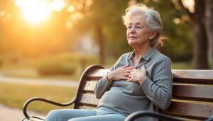 A serene older adult practicing diaphragmatic breathing with hands on chest and stomach, sitting peacefully in a natural setting