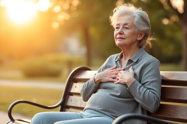 A serene older adult practicing diaphragmatic breathing with hands on chest and stomach, sitting peacefully in a natural setting