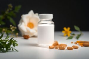 Thyrafemme supplement bottle with natural ingredients and glowing thyroid illustration, symbolizing science-backed thyroid support for women.