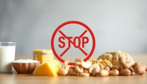 Top 5 mucus-causing foods to avoid: dairy, sugar, gluten, soy, and peanuts with caution symbols.