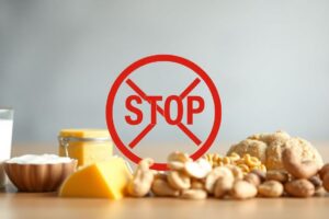 Top 5 mucus-causing foods to avoid: dairy, sugar, gluten, soy, and peanuts with caution symbols.