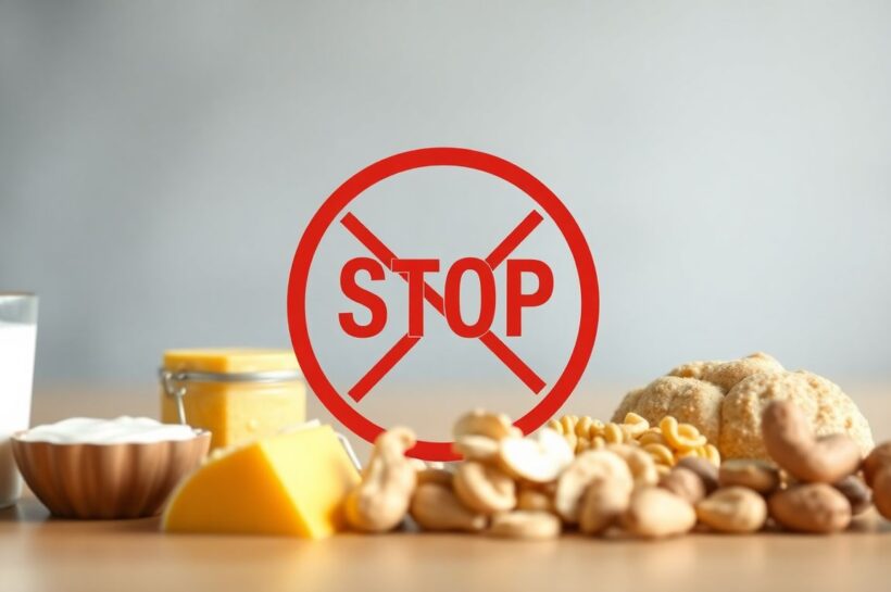 Top 5 mucus-causing foods to avoid: dairy, sugar, gluten, soy, and peanuts with caution symbols.