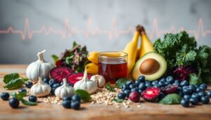 A colorful arrangement of heart-healthy foods like spinach, blueberries, beets, garlic, and bananas that help lower blood pressure naturally.