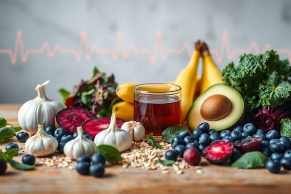 A colorful arrangement of heart-healthy foods like spinach, blueberries, beets, garlic, and bananas that help lower blood pressure naturally.