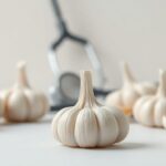 Fresh garlic cloves beside a stethoscope and heart icon, symbolizing garlic’s natural role in supporting healthy blood pressure.
