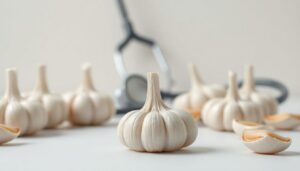 Fresh garlic cloves beside a stethoscope and heart icon, symbolizing garlic’s natural role in supporting healthy blood pressure.