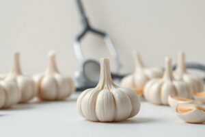 🧄 Garlic for Blood Pressure: Nature’s Natural Vasodilator Fresh garlic cloves beside a stethoscope and heart icon, symbolizing garlic’s natural role in supporting healthy blood pressure.
