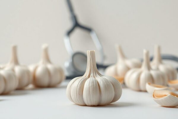 🧄 Garlic for Blood Pressure: Nature’s Natural Vasodilator Fresh garlic cloves beside a stethoscope and heart icon, symbolizing garlic’s natural role in supporting healthy blood pressure.