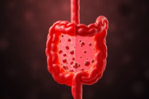 Microscopic comparison of the Gut Barrier (tight junctions) and the Skin Barrier (stratum corneum) connected by the Gut-Skin Axis.